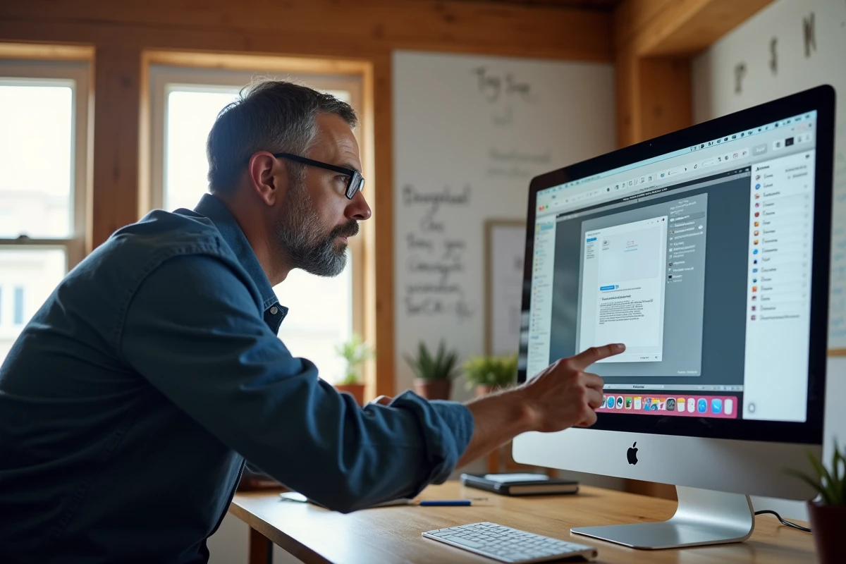 Homme en studio créatif résolvant des problèmes de compatibilité avec le logiciel Paint sur iMac