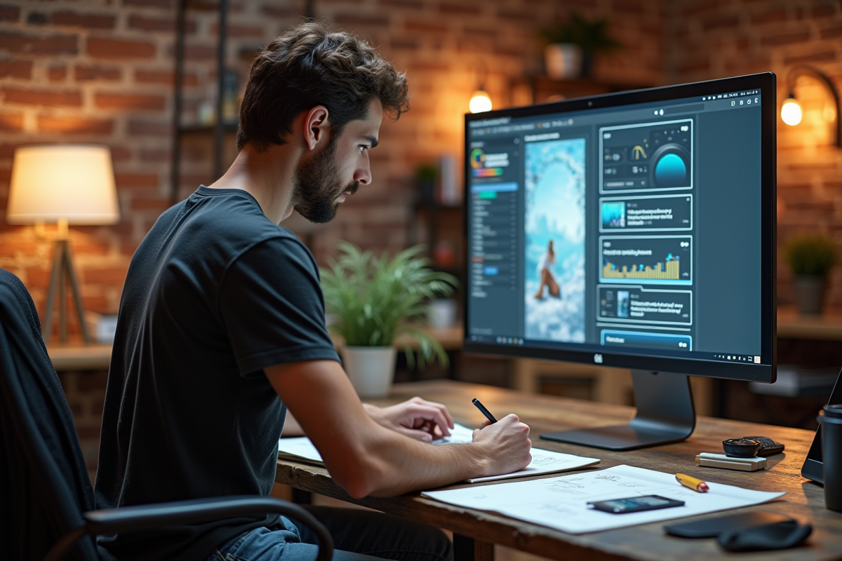 Jeune designer esquissant un layout dans un studio créatif