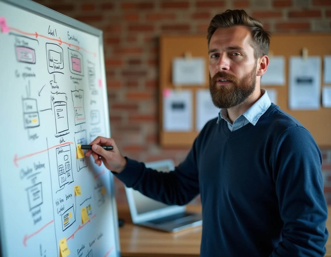 Designer UX présentant un schéma de vocabulaire d'interface graphique sur un tableau blanc dans un studio de design