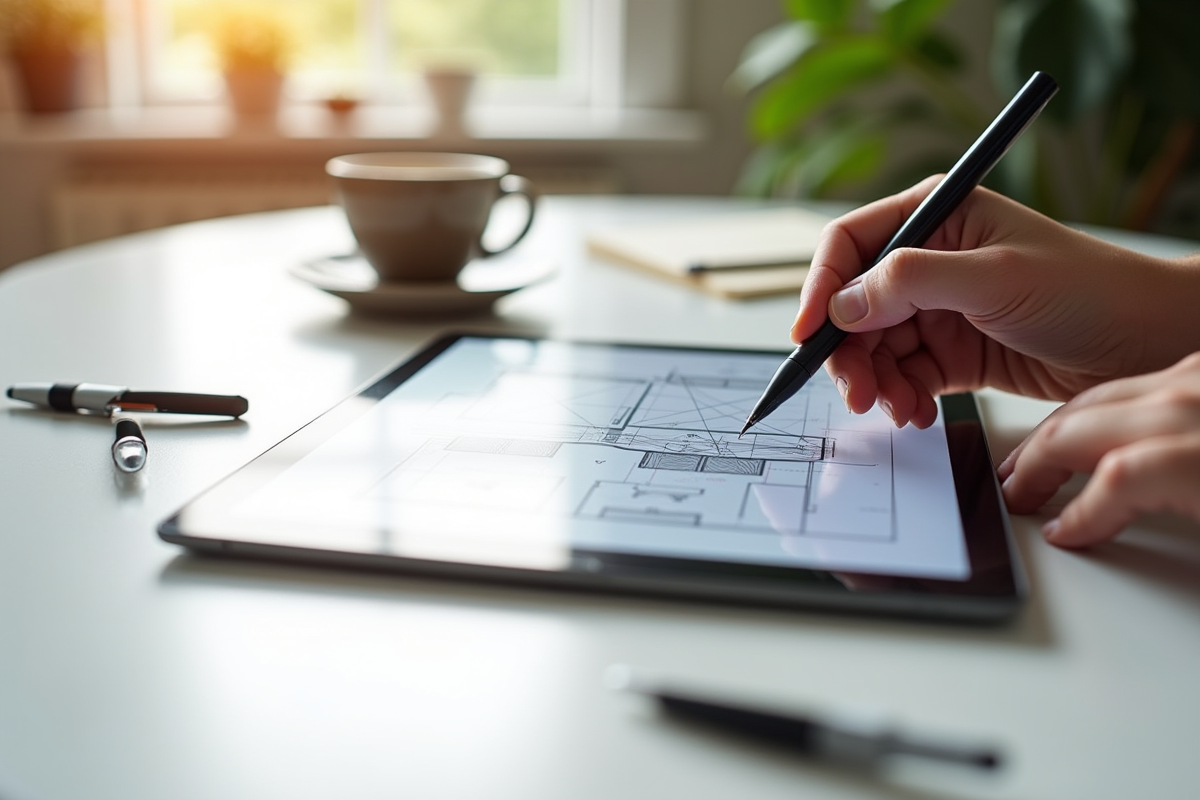 Main dessinant des wireframes sur une tablette numérique