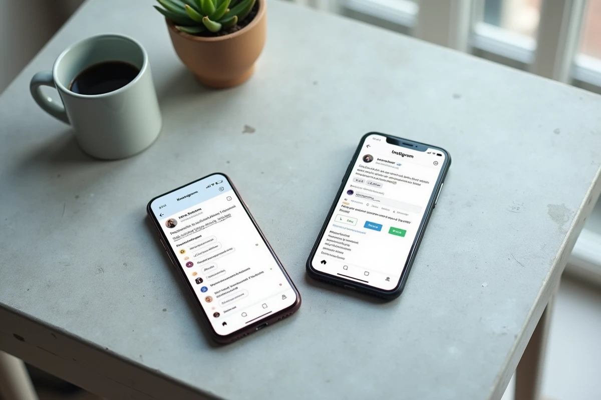 Deux smartphones affichant des comptes Instagram différents côte à côte sur une surface en béton