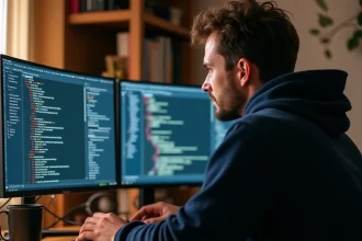 Développeur configurant les paramètres d'un serveur FiveM sur plusieurs écrans affichant des fichiers de configuration