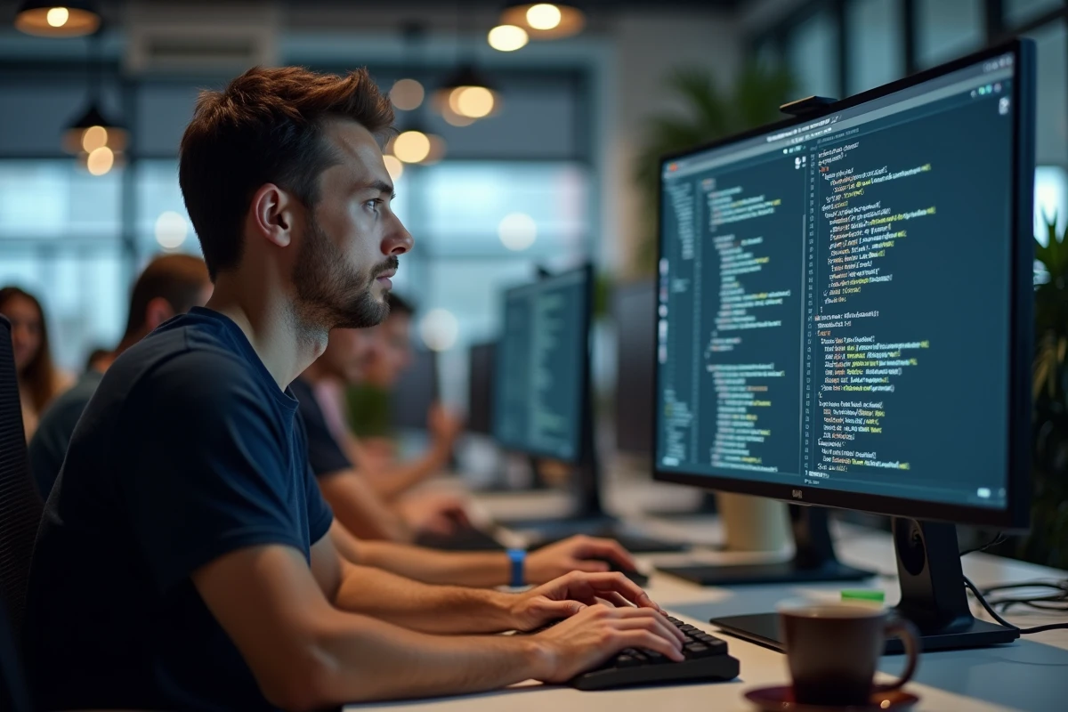 Développeur installant pip et Python dans un bureau professionnel moderne