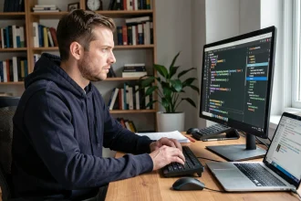 Développeur Python assis devant un écran affichant du code XML dans un bureau à domicile moderne