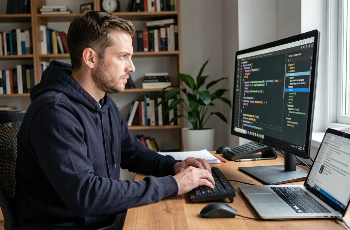 Développeur Python assis devant un écran affichant du code XML dans un bureau à domicile moderne