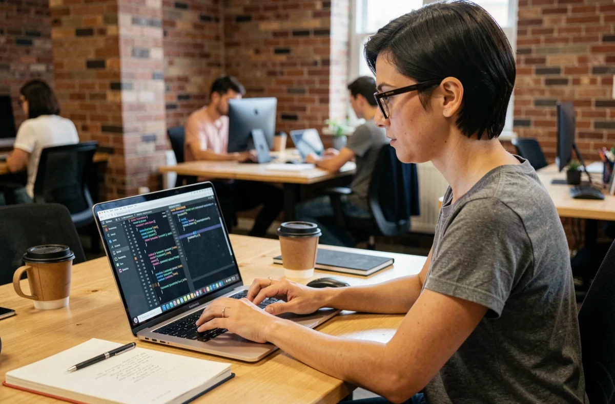 Développeuse Python travaillant sur du parsing XML dans un espace de coworking avec ordinateur portable