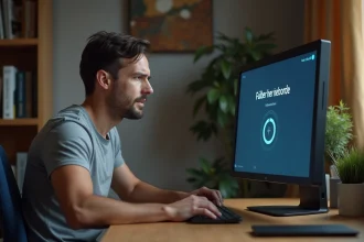Homme diagnostiquant un problème de connexion au serveur Freebox sur son ordinateur de bureau à domicile