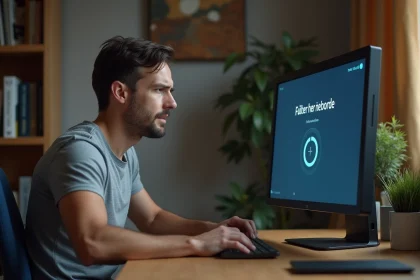 Homme diagnostiquant un problème de connexion au serveur Freebox sur son ordinateur de bureau à domicile