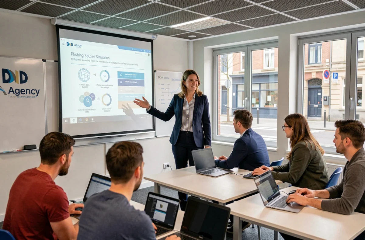 Formatrice de DND Agency animant une session de formation en cybersécurité pour un groupe d'adultes dans une salle de cours moderne à Lille