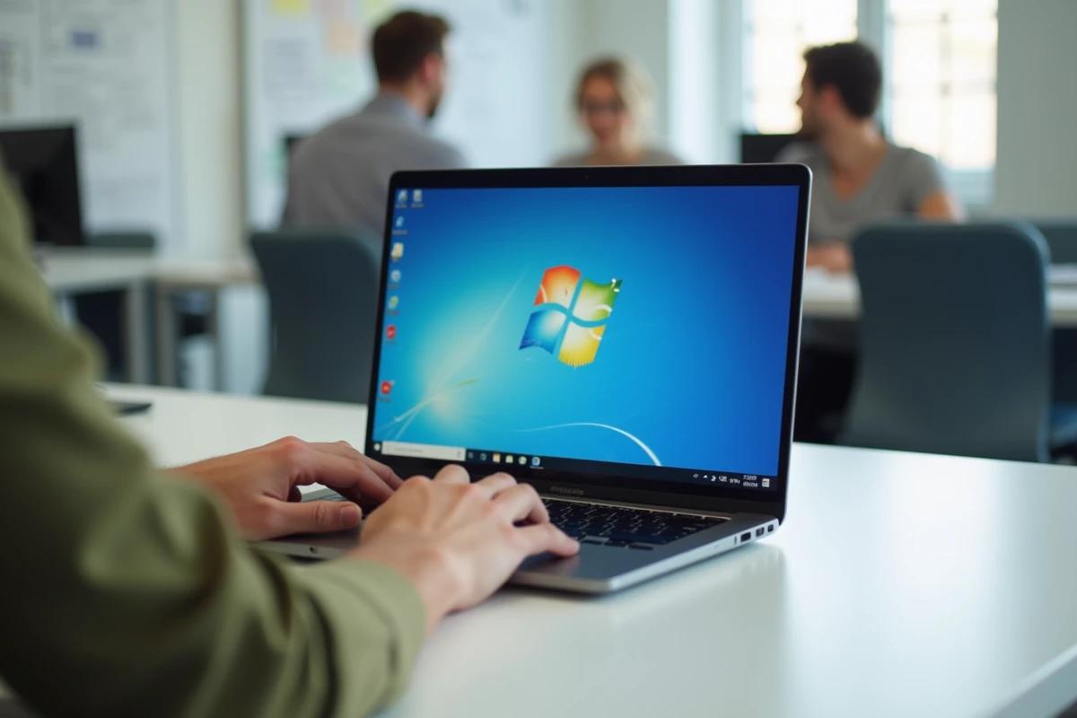 Écran d'ordinateur portable affichant l'assistant d'installation Windows 7 lors d'une réinstallation du système