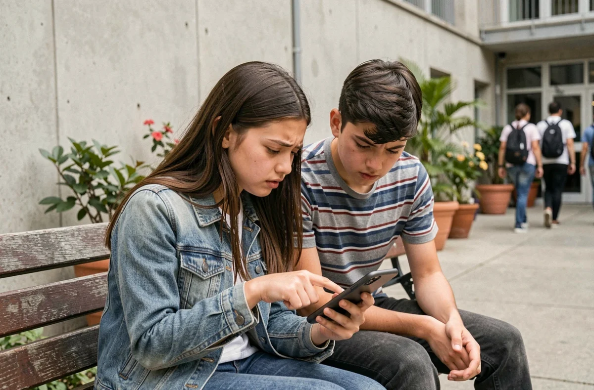 Deux élèves consultant ensemble leur smartphone pour résoudre un problème d'accès à l'ENT77 dans la cour d'école
