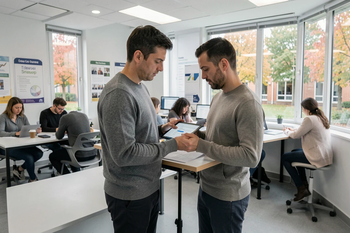 Enseignant consultant sa messagerie académique sur une tablette dans une salle des professeurs moderne