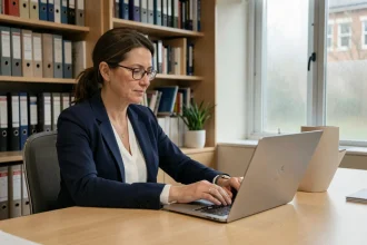 Enseignante configurant sa messagerie académique mail ac montpellier sur un ordinateur portable dans un bureau universitaire