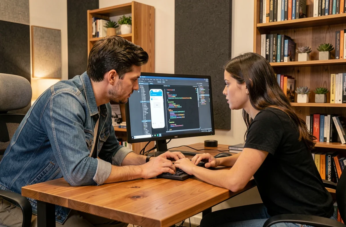Deux développeurs Les Entrecodeurs en session de pair programming sur une application mobile sur mesure