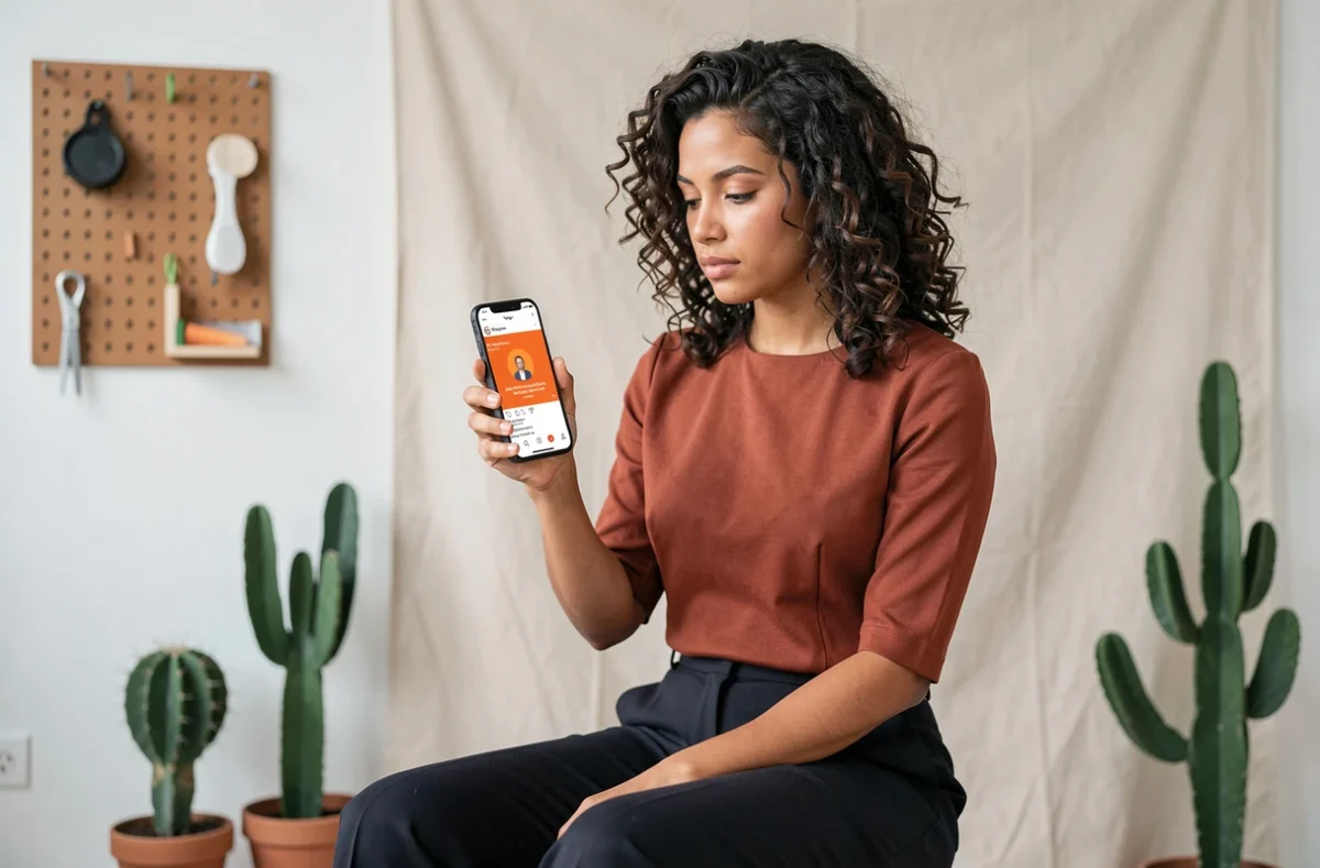 Entrepreneure créative consultant les statistiques d'engagement de son profil Instagram sur smartphone dans un studio minimaliste