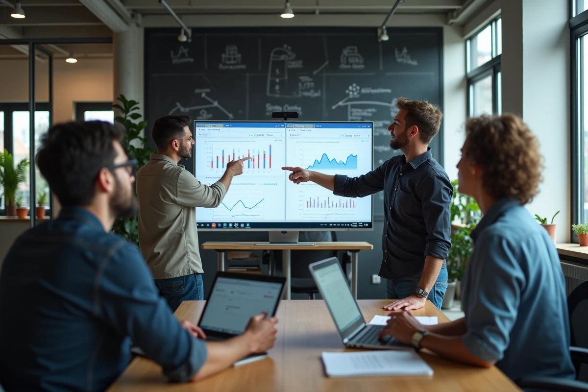 Équipe professionnelle en espace de coworking analysant deux plateformes numériques sur écran, représentant la prise de décision entre Geekob et les solutions classiques