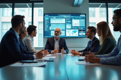 Groupe de collaborateurs en réunion avec écrans numériques pour titre