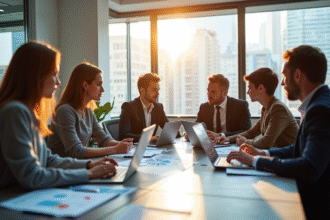 Groupe de professionnels dans un bureau lumineux en réunion