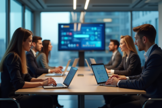 Groupe d adultes en réunion de cybersécurité en entreprise