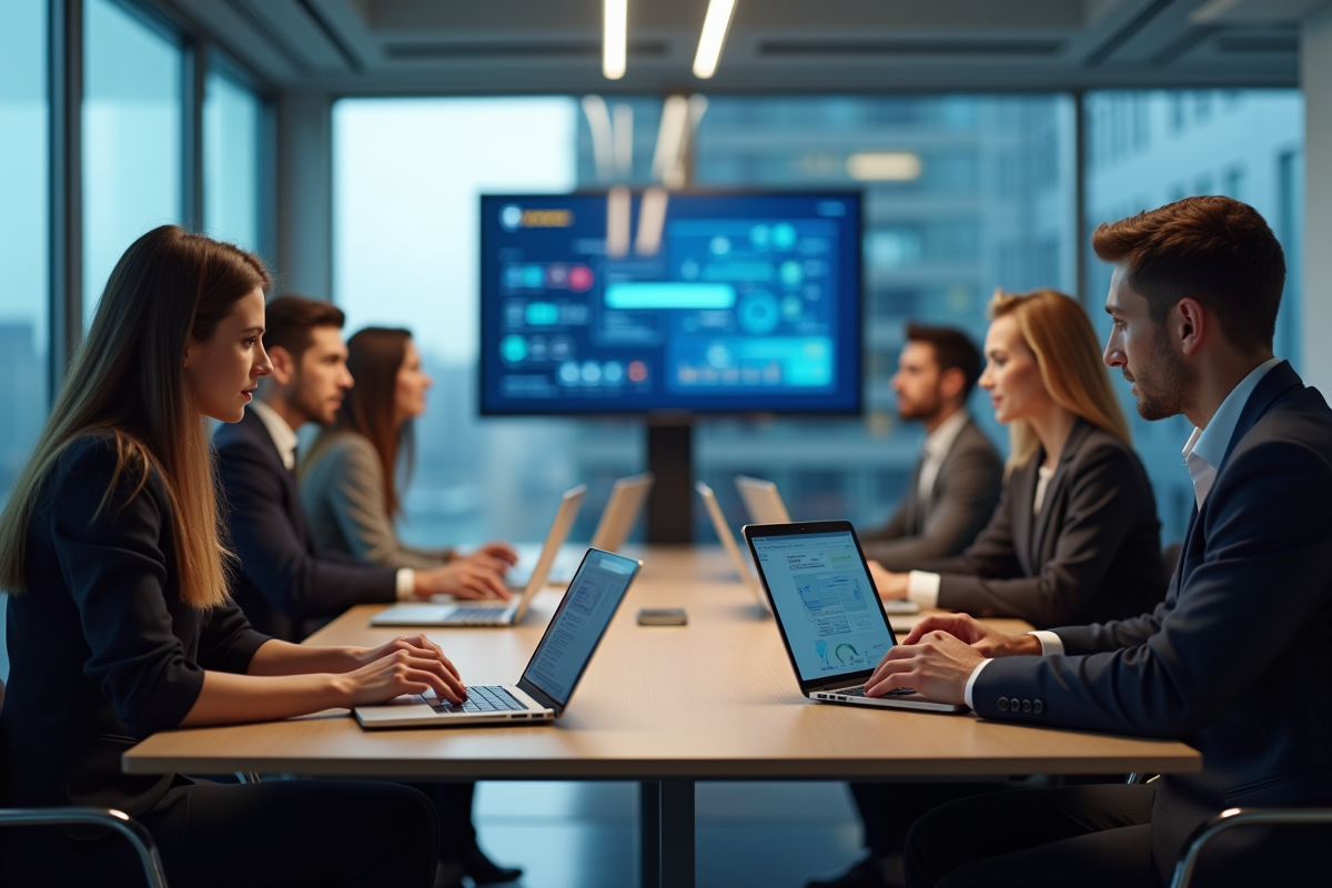 Groupe d adultes en réunion de cybersécurité en entreprise