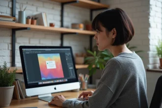 Femme frustrée devant un MacBook affichant une erreur dans un logiciel de peinture numérique sur Mac