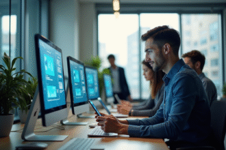 Espace de travail moderne avec professionnels et chatbots