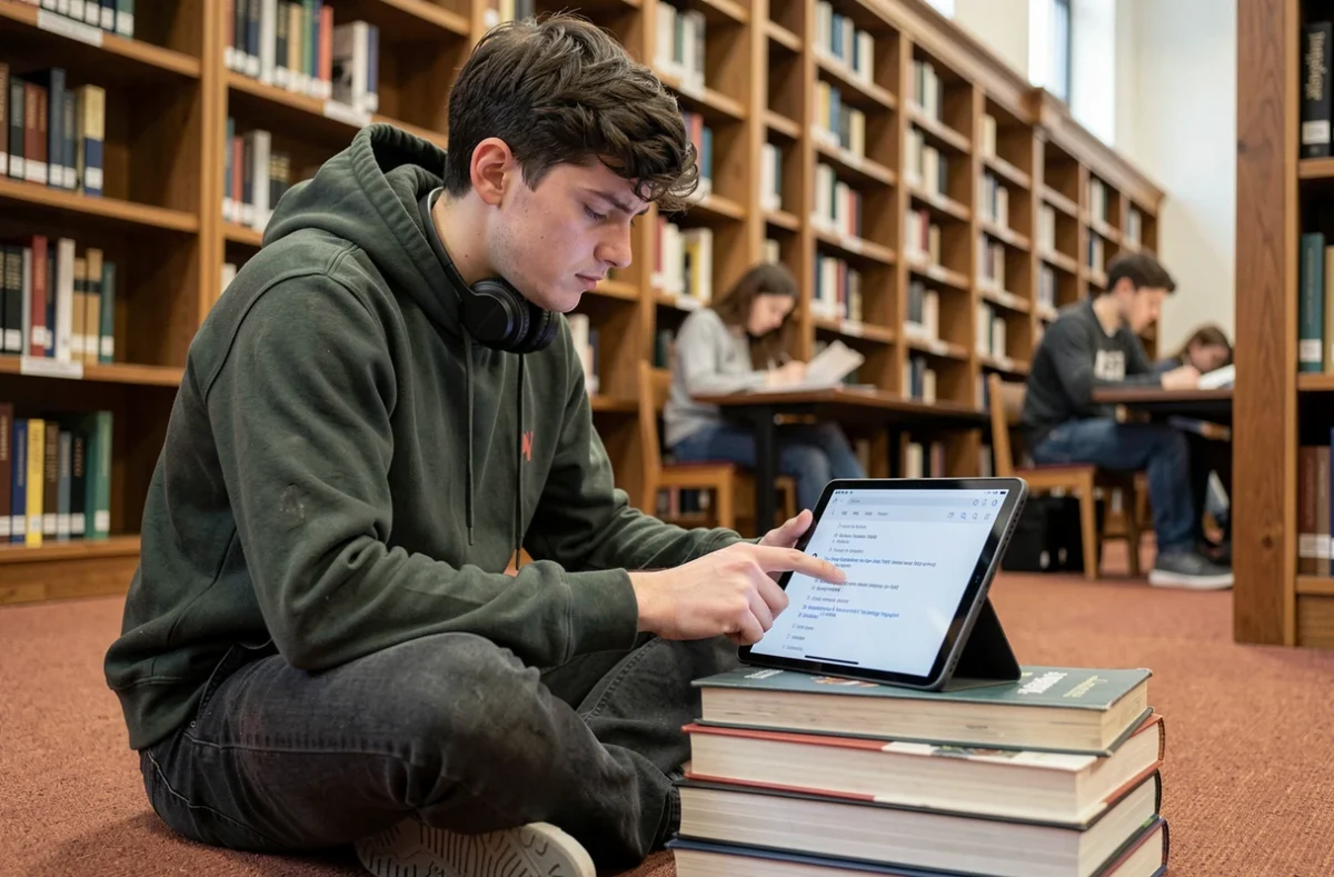 Étudiant consultant un outil de traduction sur tablette assis dans une bibliothèque universitaire