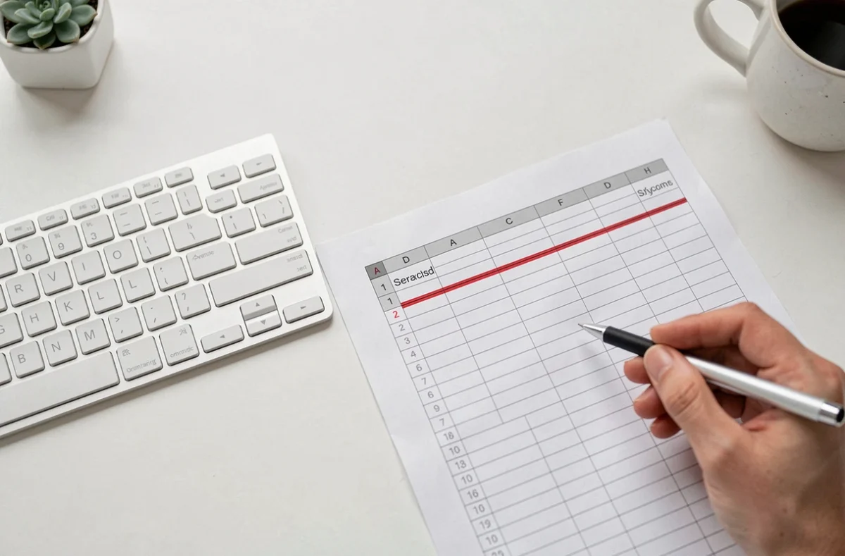 Vue de dessus d'un bureau avec un tableur Excel imprimé annoté au stylo rouge pour identifier les lignes vides à supprimer