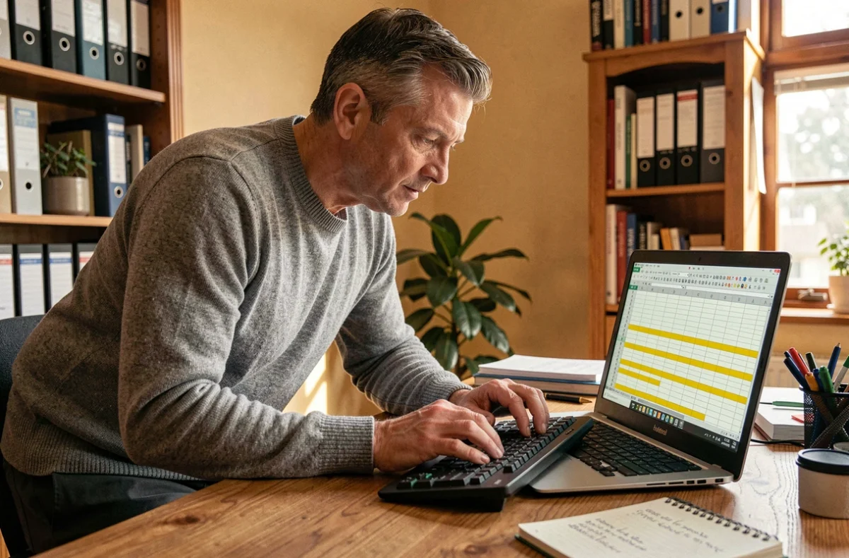Homme travaillant sur un tableur Excel à domicile cherchant à supprimer les lignes vides pour optimiser le fichier