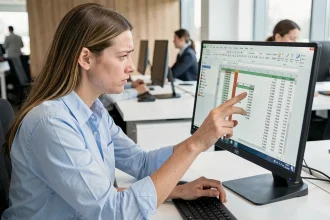 Femme professionnelle analysant un fichier Excel avec des lignes vides sur un écran d'ordinateur au bureau