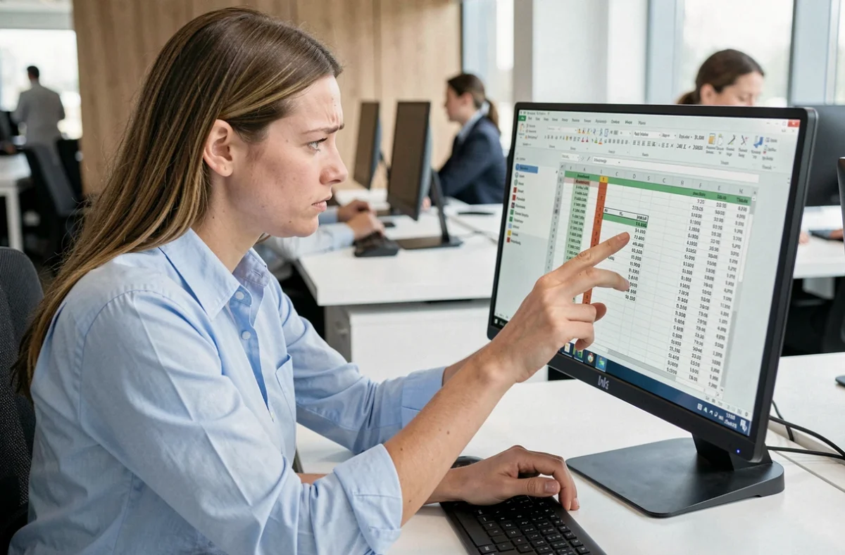 Femme professionnelle analysant un fichier Excel avec des lignes vides sur un écran d'ordinateur au bureau