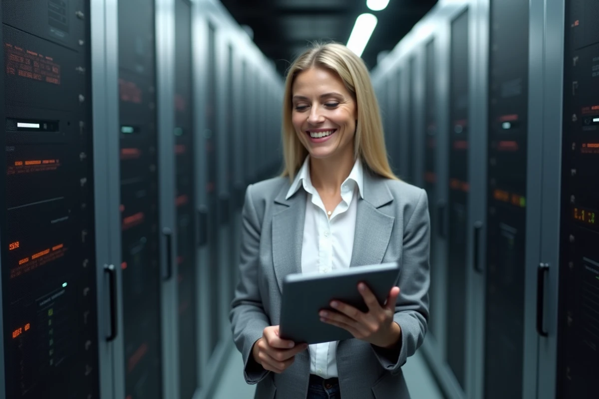 Femme experte en cybersécurité examinant des logs dans un centre de données