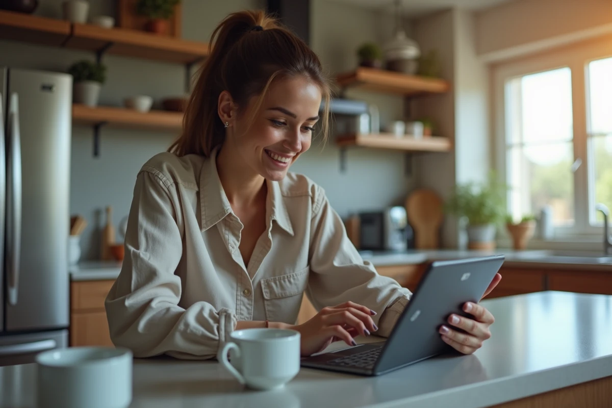Femme utilisant une tablette pour activer Fortnite à la cuisine