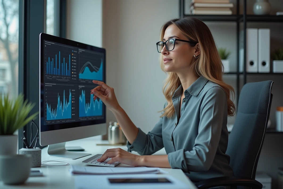 Femme concentrée analysant des graphiques numériques au bureau
