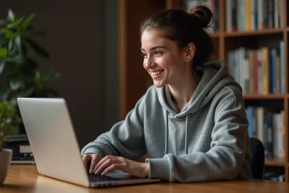 Jeune femme apprenant Python sur son ordinateur portable dans un bureau à domicile
