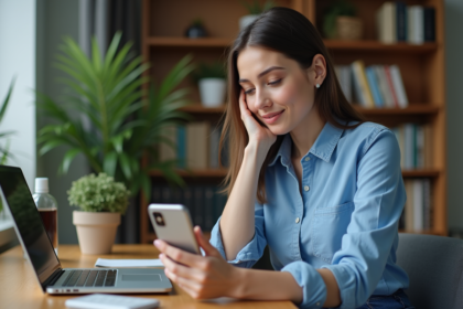 Femme utilisant une application d'authentification à la maison