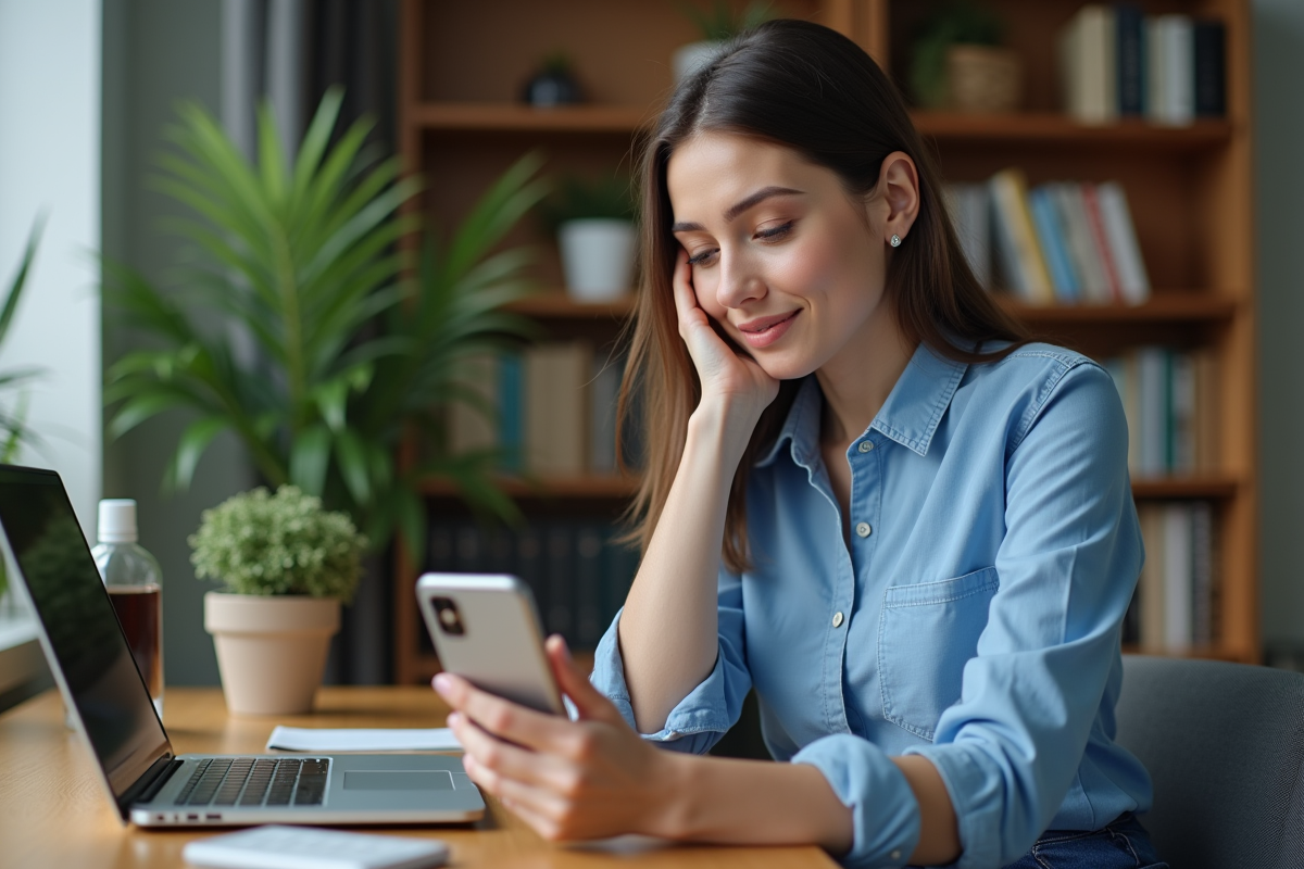 Femme utilisant une application d'authentification à la maison