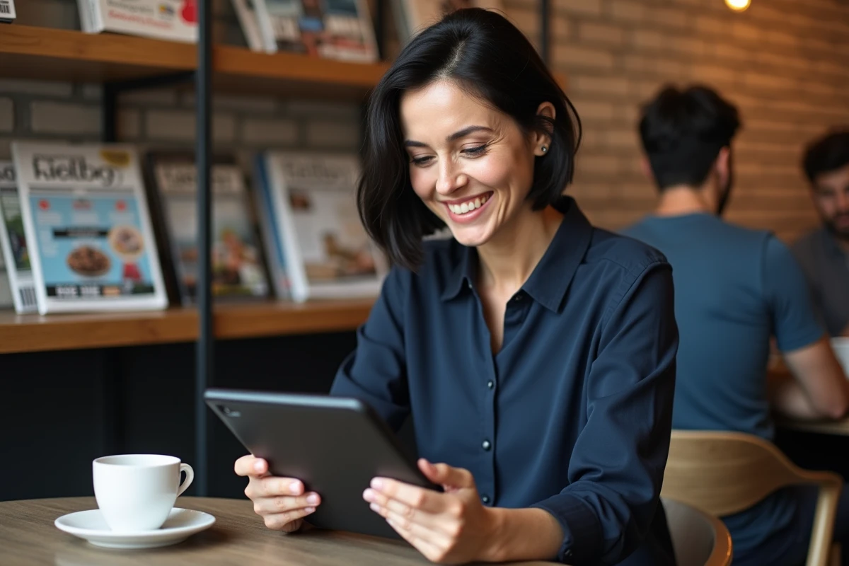 Femme professionnelle lisant des avis d'anciens utilisateurs sur une tablette dans un café moderne