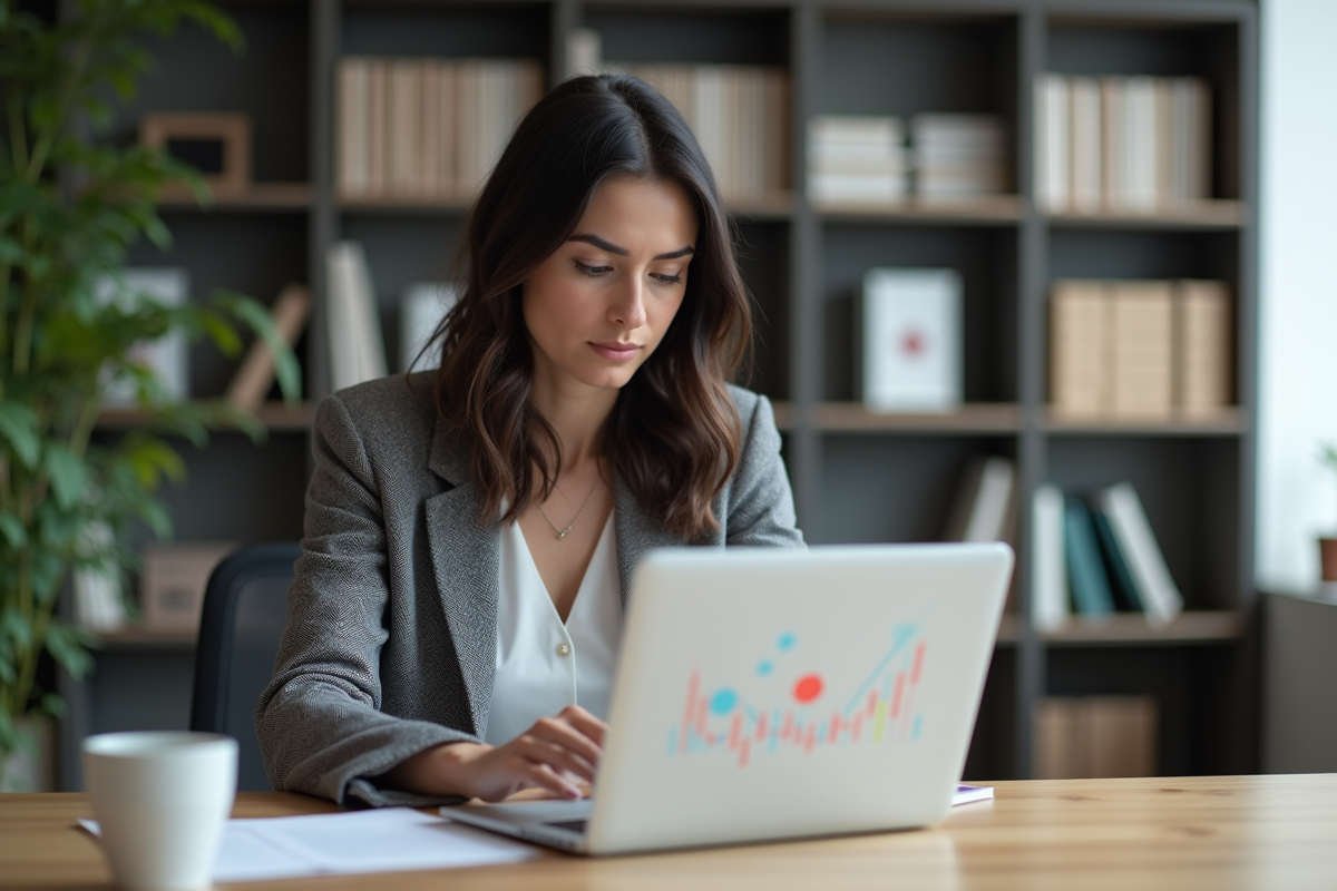 Femme en bureau analysant un graphique coloré sur son ordinateur