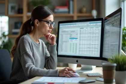 Femme en bureau comparant deux feuilles de calcul