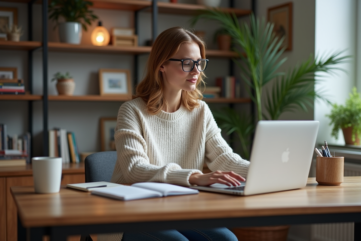 Jeune femme concentrée travaillant à son bureau à domicile