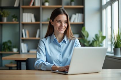 Jeune femme au bureau travaillant sur un ordinateur portable