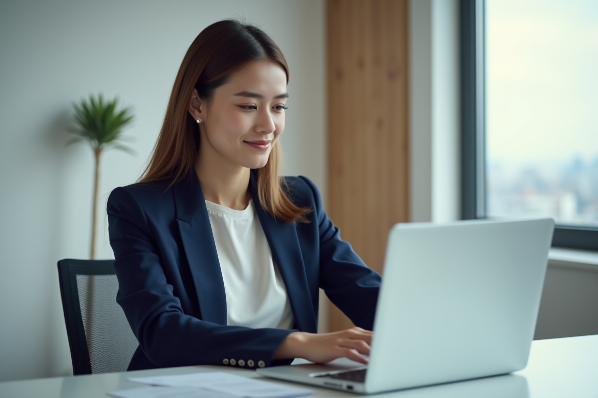 Jeune femme au bureau naviguant sur un site cloud