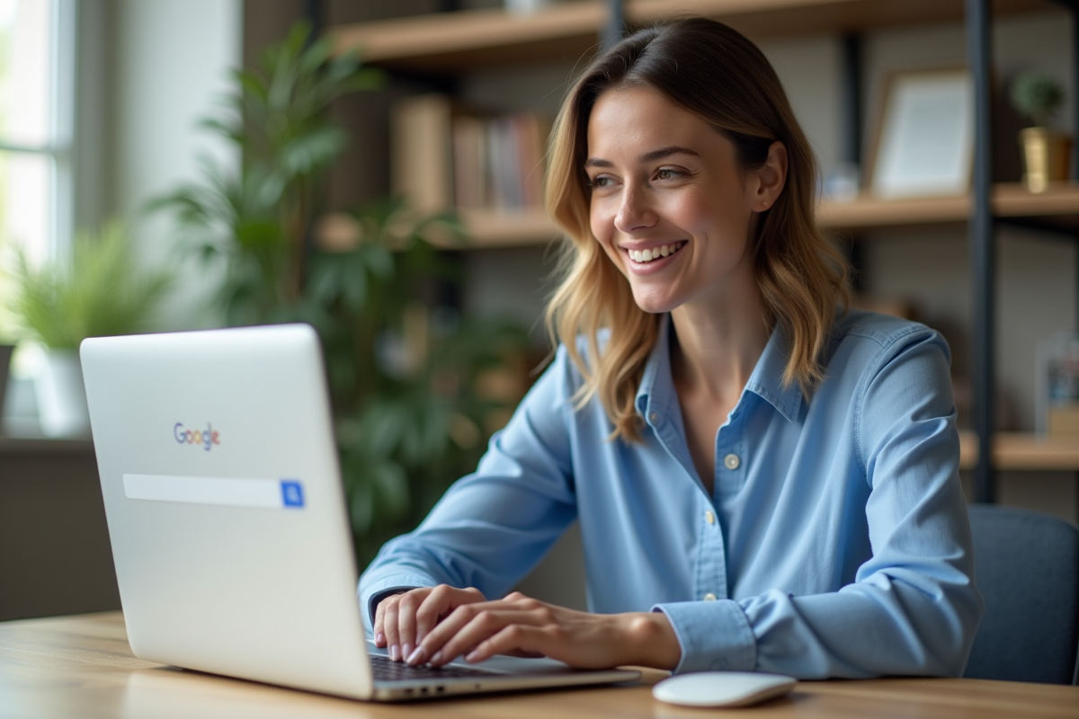 Femme souriante dans un bureau moderne utilisant un ordinateur