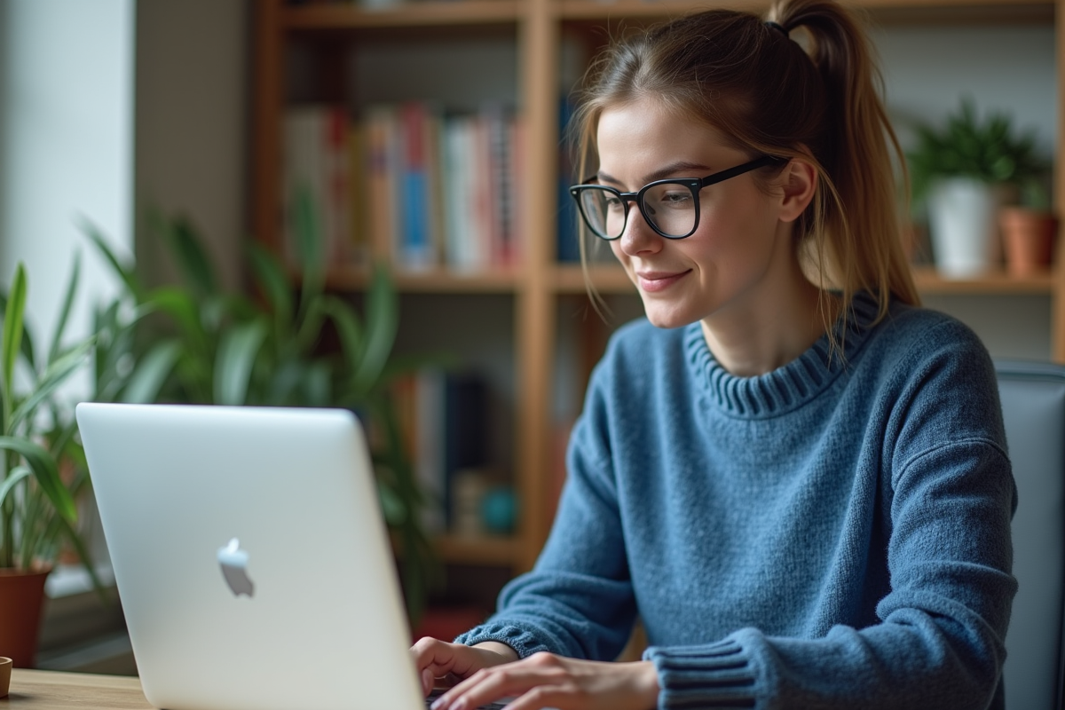 Jeune femme au bureau avec ordinateur portable et plantes