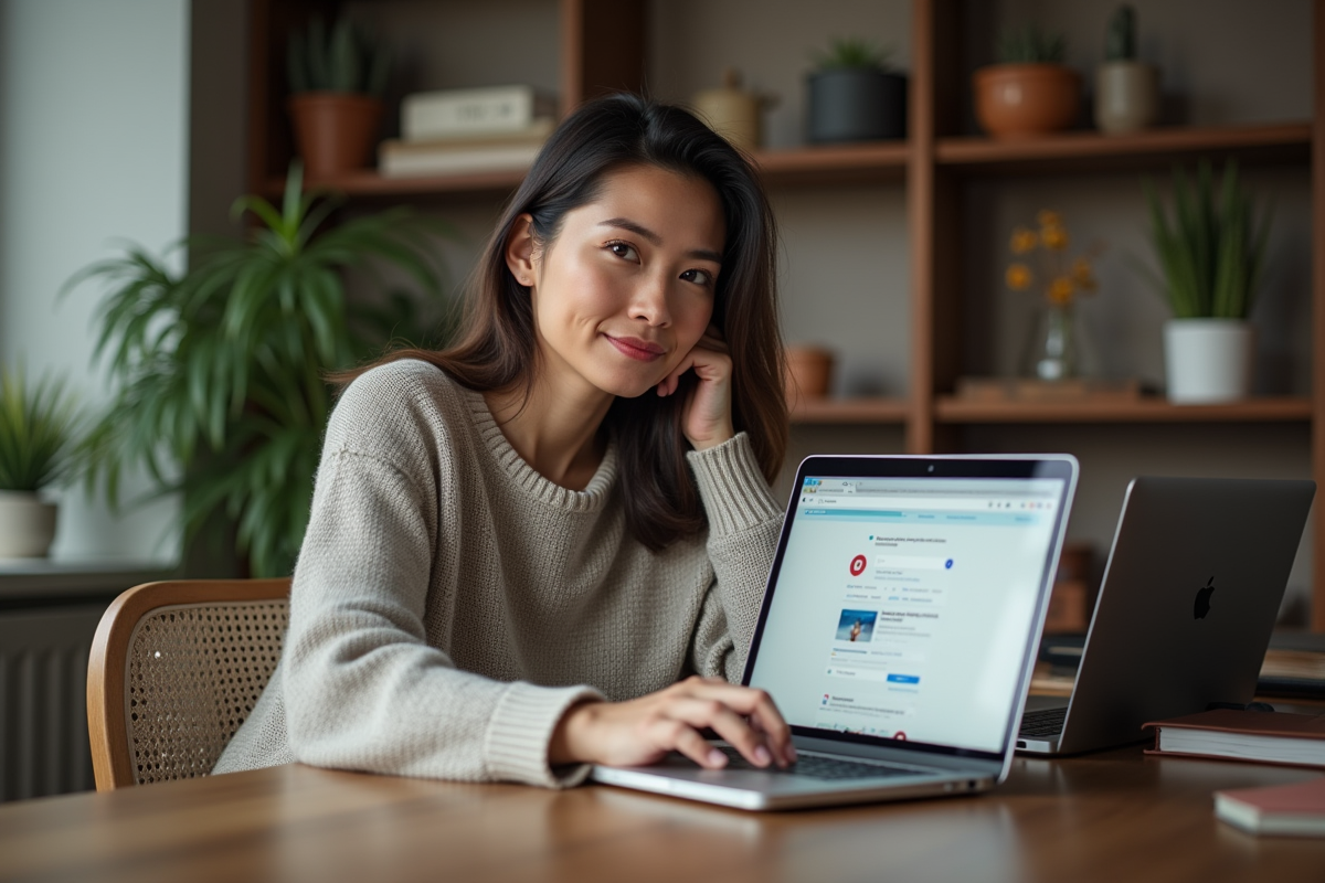 Femme assise à un bureau moderne en train de taper sur un ordinateur