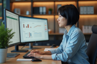 Femme au bureau regardant un écran d'ordinateur avec tableur