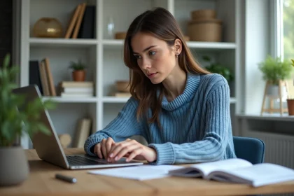 Jeune femme au bureau utilisant un ordinateur portable