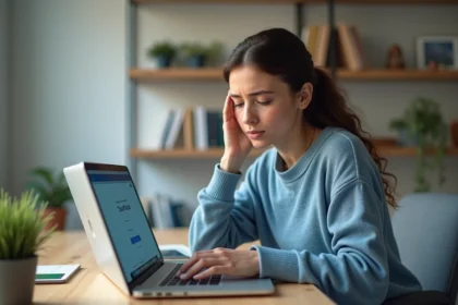 Femme concentrée devant son ordinateur dans un bureau à domicile