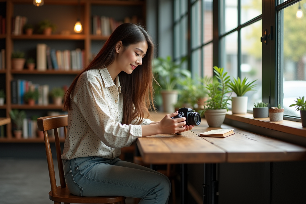 Jeune femme lisant ses photos au café avec ambiance chaleureuse